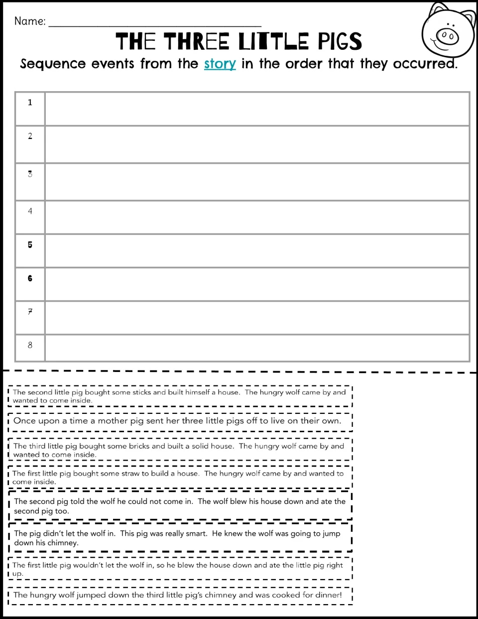 Story sequencing: students cut 8 event strips, from the mother pig's farewell to the wolf's end, and order them 1 to 8