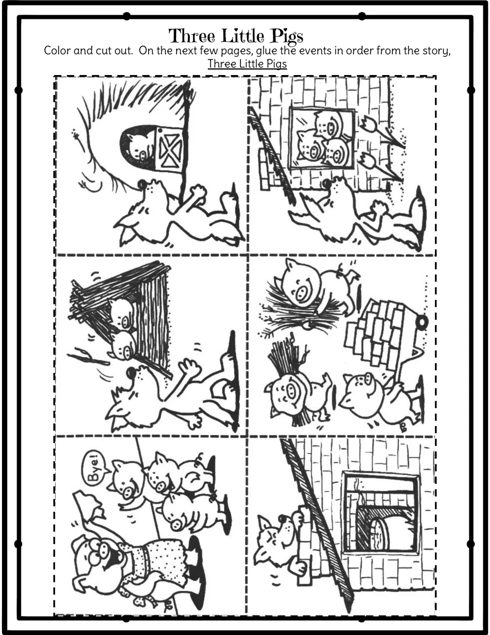 Picture cards to color and cut: mother pig waving bye, pigs with straw, sticks and bricks, and the wolf at each house