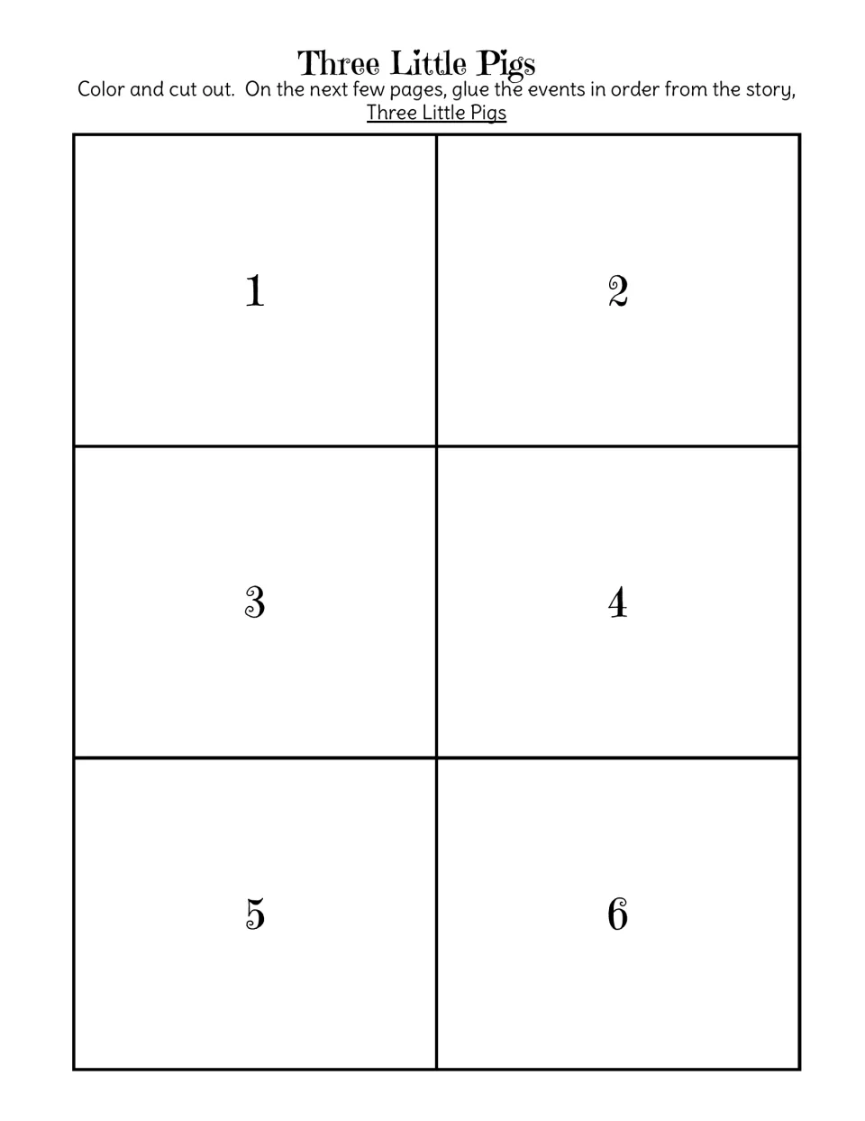 Numbered gluing mat: students paste the six colored picture cards into spaces 1 to 6 in the order the story happened