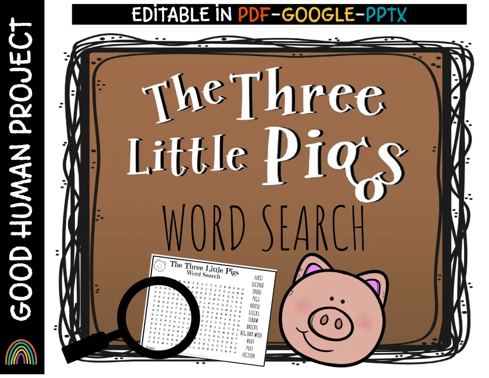 Cover for The Three Little Pigs Word Search, editable in PDF, Google and PPTX, showing the puzzle sheet and a pig face