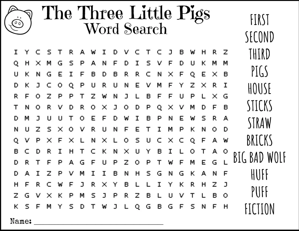 Three Little Pigs vocabulary: students find 13 story words such as straw, sticks, bricks, huff, puff and big bad wolf
