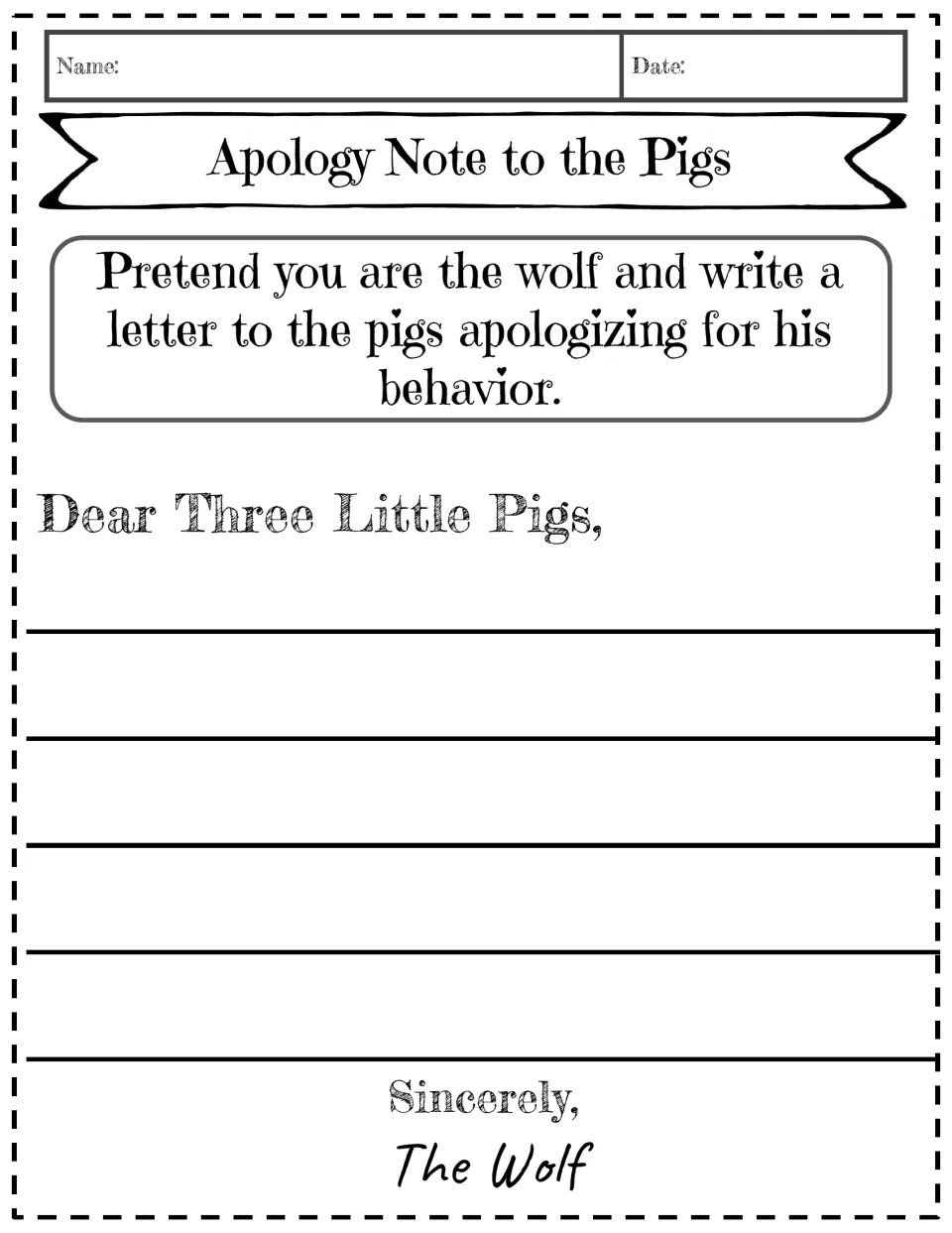 Apology Note to the Pigs writing prompt asks students to write as the wolf, apologizing for his behavior