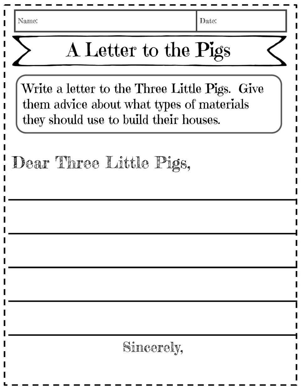 A Letter to the Pigs writing prompt asks students to advise the pigs on materials for building their houses