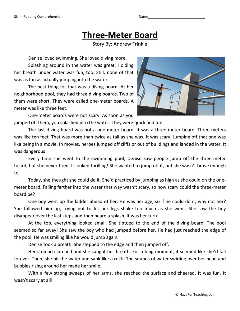 Three Meter Board Reading Comprehension Worksheet teaching resource preview