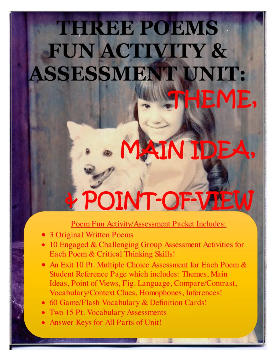 Cover: poetry unit on theme, main idea and point of view with 3 poems, group tasks, quizzes and vocab cards