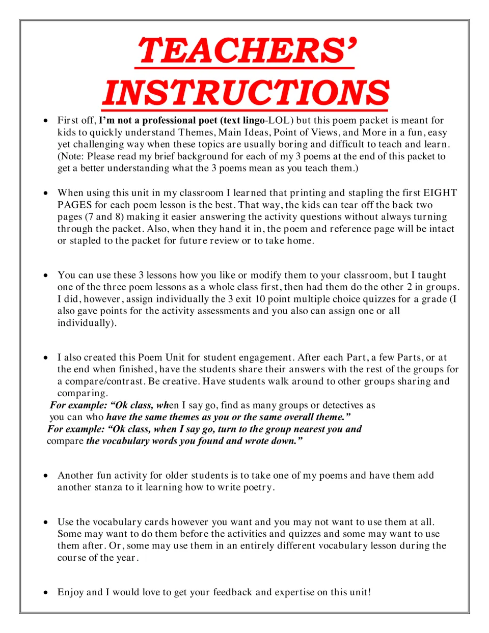 Teacher notes: staple 8 pages per poem, teach one poem as a class, then groups share and compare answers