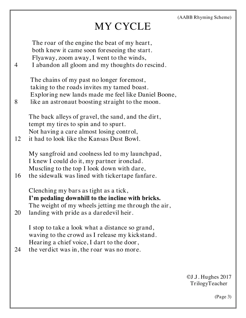 Poem "My Cycle": 24 numbered lines in AABB rhyme about a daring ride that ends when a voice calls the rider in