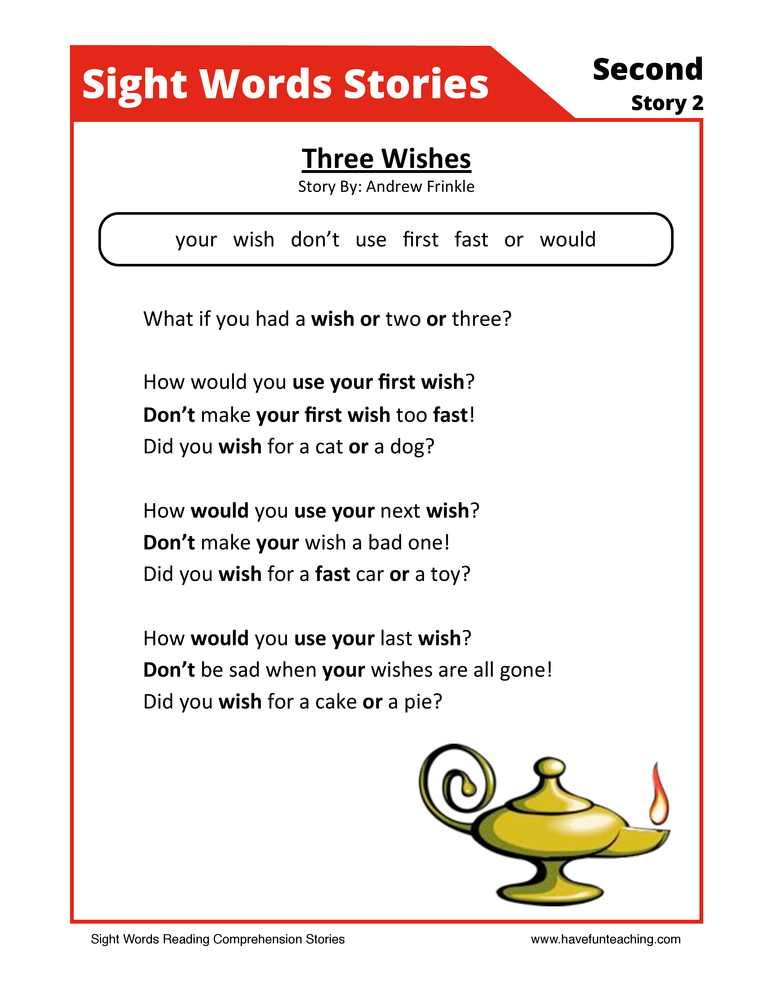 Three Wishes Second Sight Words Reading Comprehension Worksheet teaching resource preview