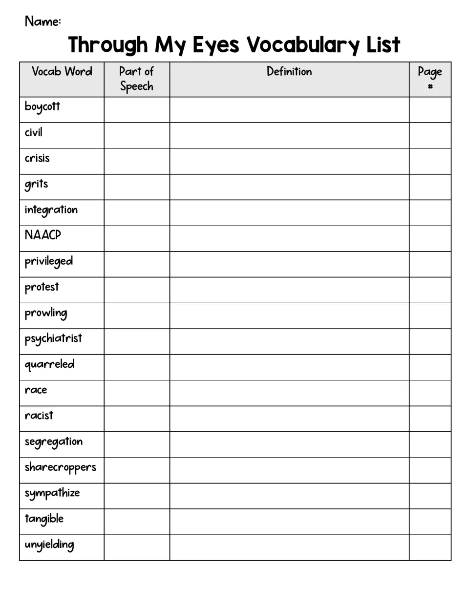 Student vocabulary list of 18 words, including boycott and civil, to record parts of speech and definitions