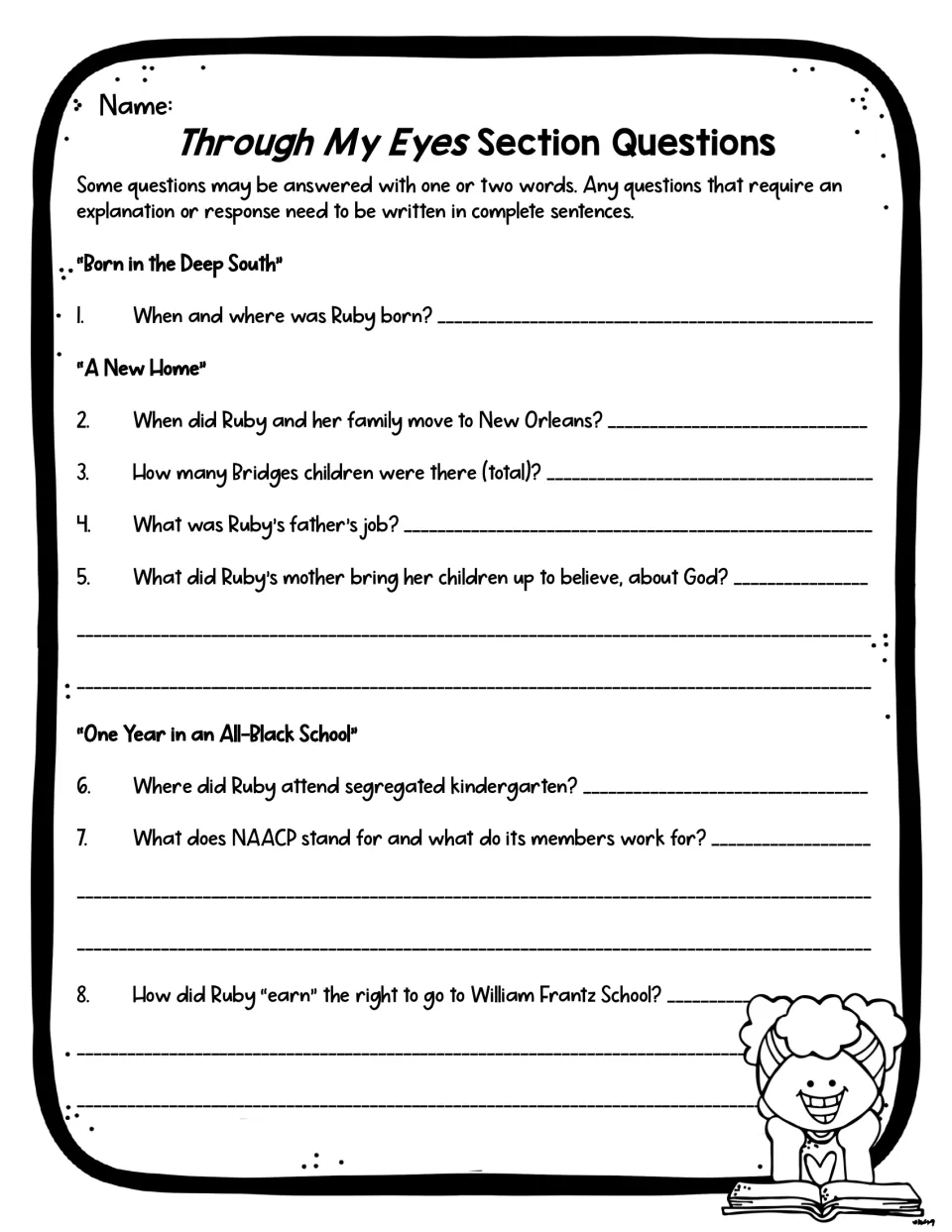 Comprehension questions 1–8 cover Ruby’s birth, family, move to New Orleans, kindergarten, and the NAACP