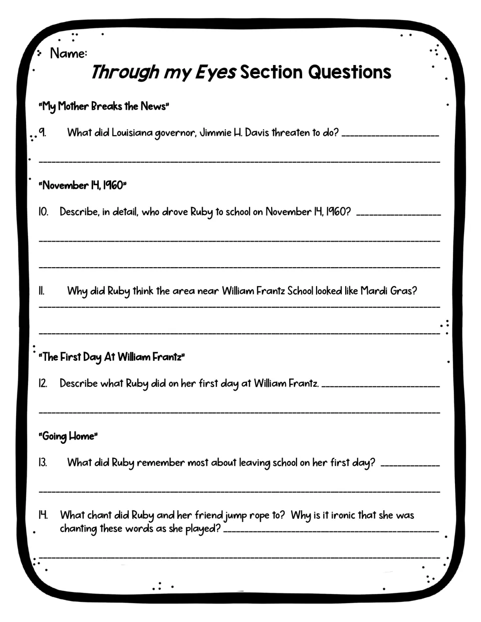 Comprehension questions 9–14 cover the governor’s threat, Ruby’s first school day, and a jump-rope chant