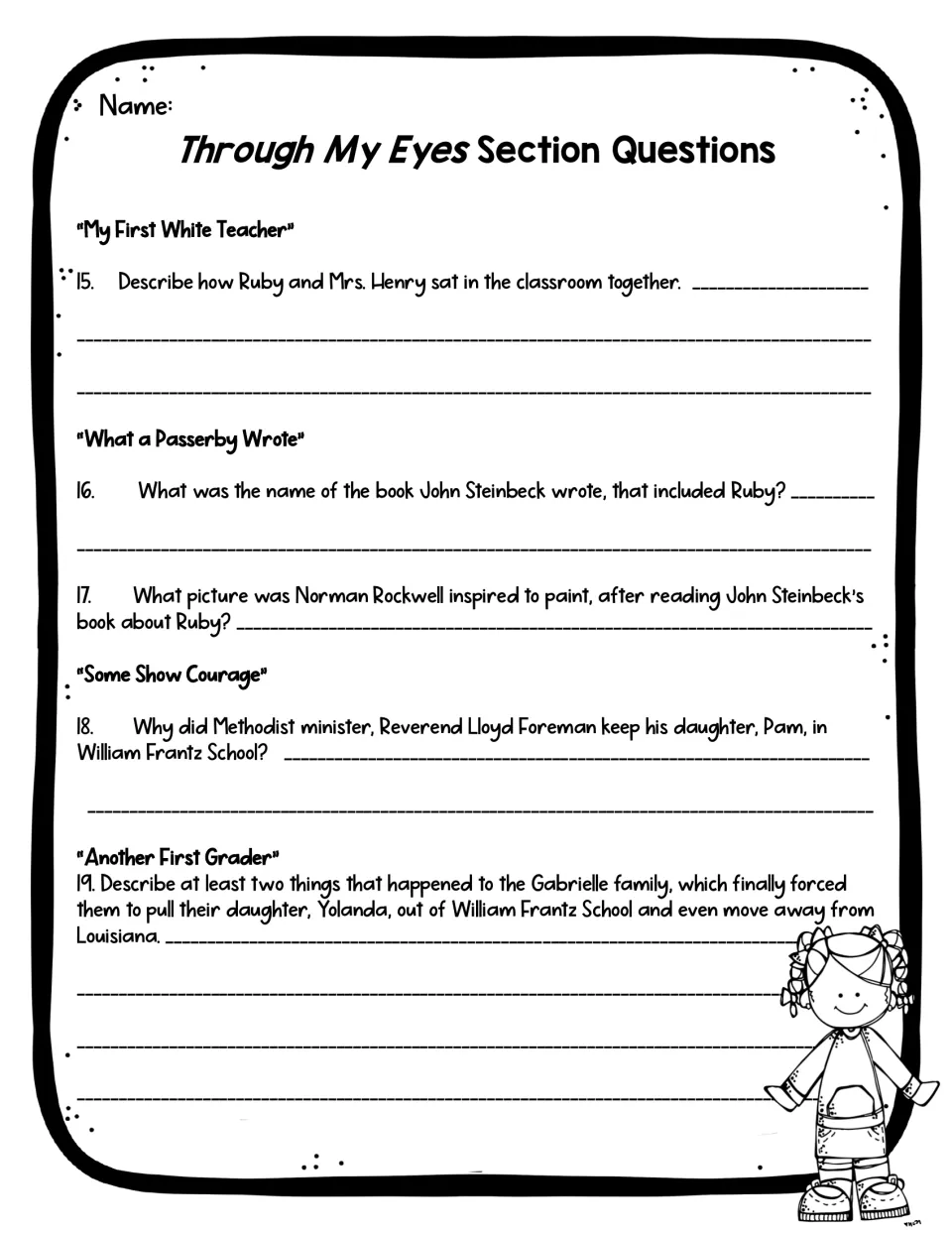 Comprehension questions 15–19 address Mrs. Henry, Steinbeck, Rockwell, and families resisting the boycott
