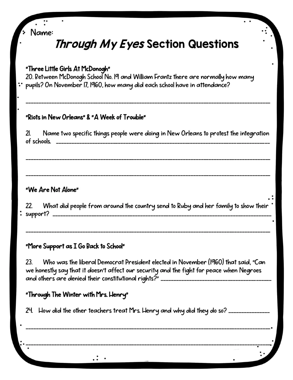 Comprehension questions 20–24 examine school attendance, integration protests, support, and Mrs. Henry