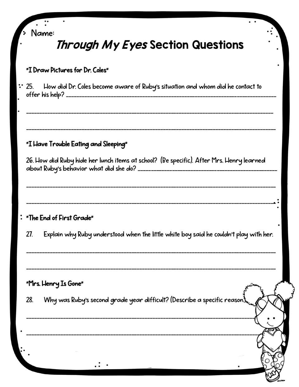 Comprehension questions 25–28 cover Dr. Coles, Ruby’s hidden lunches, exclusion from play, and second grade