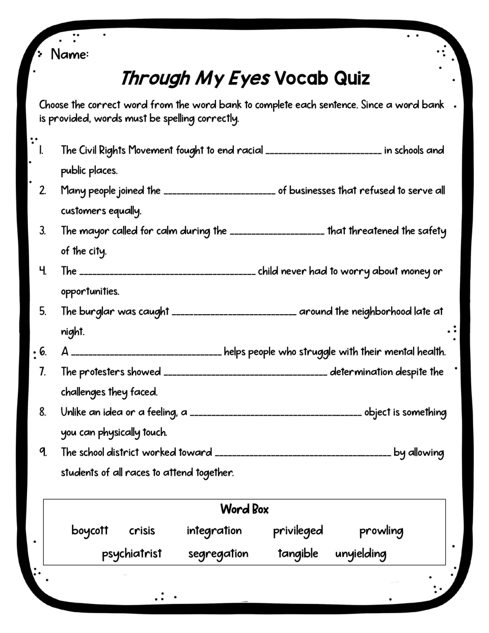 Vocabulary quiz items 1–9 ask students to complete sentences using words such as segregation and boycott
