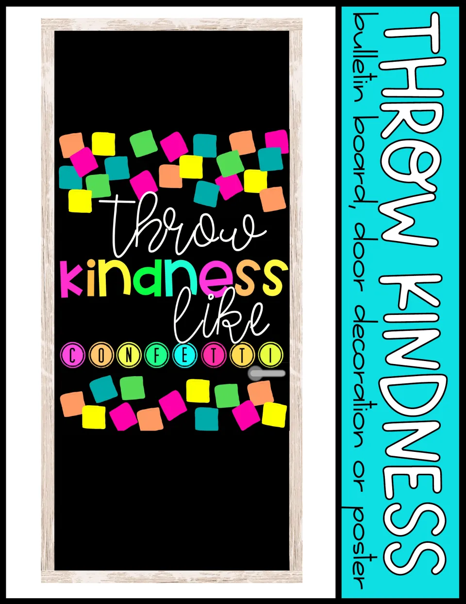 Cover showing the Throw Kindness door mockup, labeled bulletin board, door decoration or poster, with confetti squares