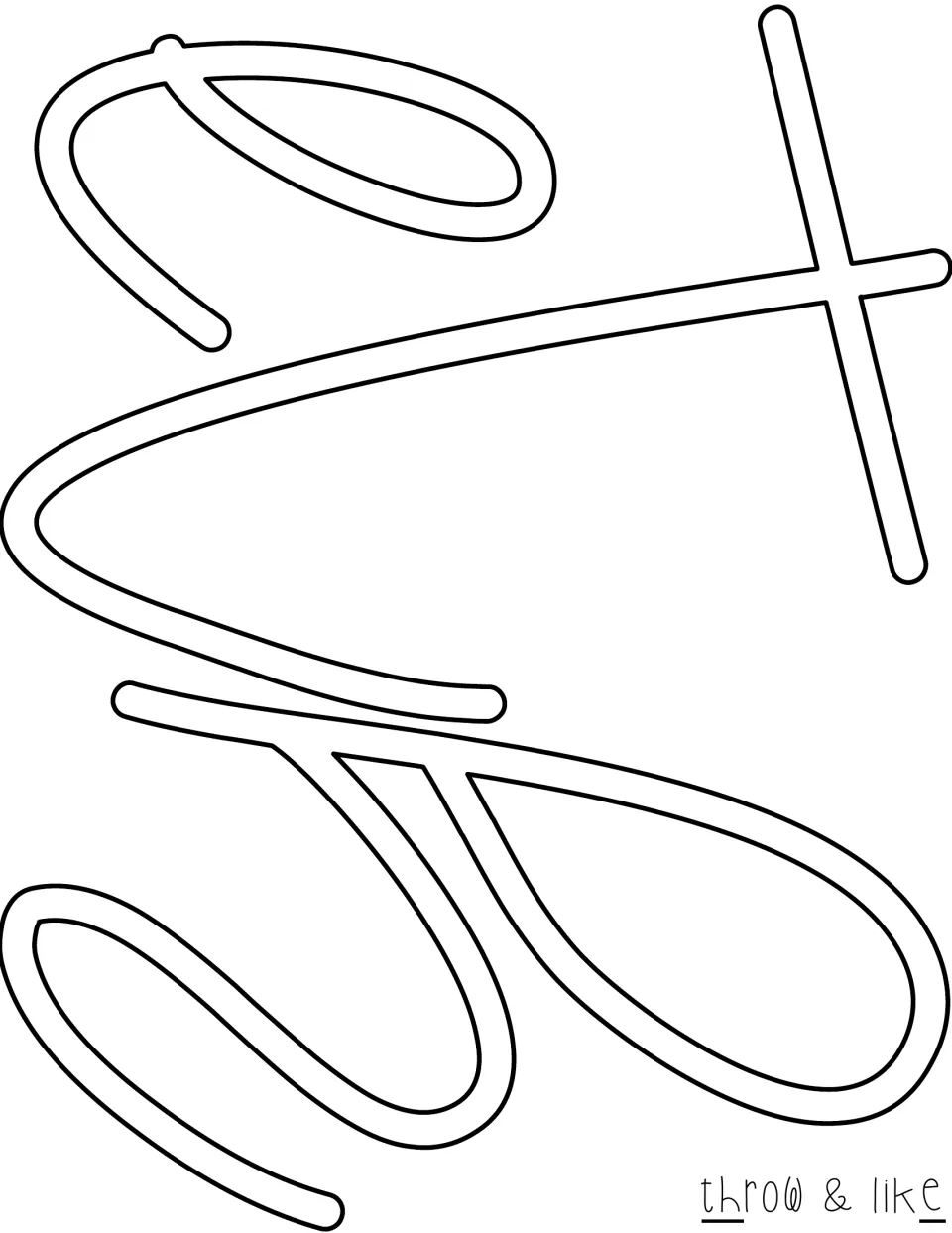 Cut-out piece: large outline cursive letters for the words throw and like, marked t, h and e on the word key