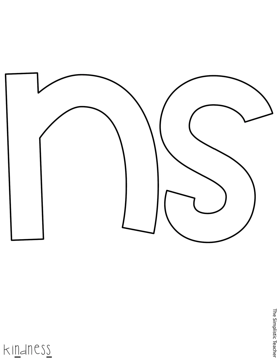 Cut-out piece: outline letters n and s completing the word kindness, with a small word key in the corner