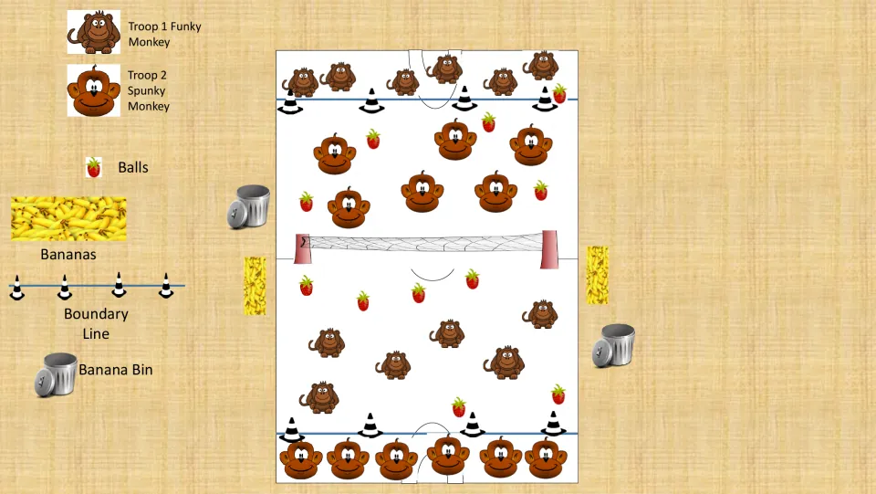 Gym setup diagram: two monkey troops on each side of a net, cone boundary lines, fruit balls, bananas and banana bins