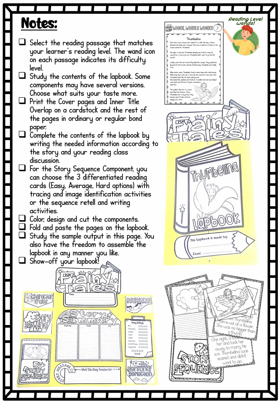 Teacher notes for building the lapbook: choose a reading passage, print, write, color, cut, fold and paste components