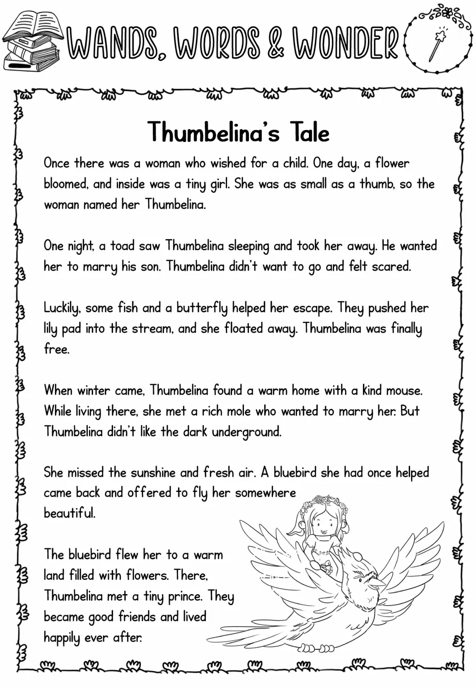 Thumbelina's Tale, first reading passage with one wand icon: students read how she is born in a flower and escapes