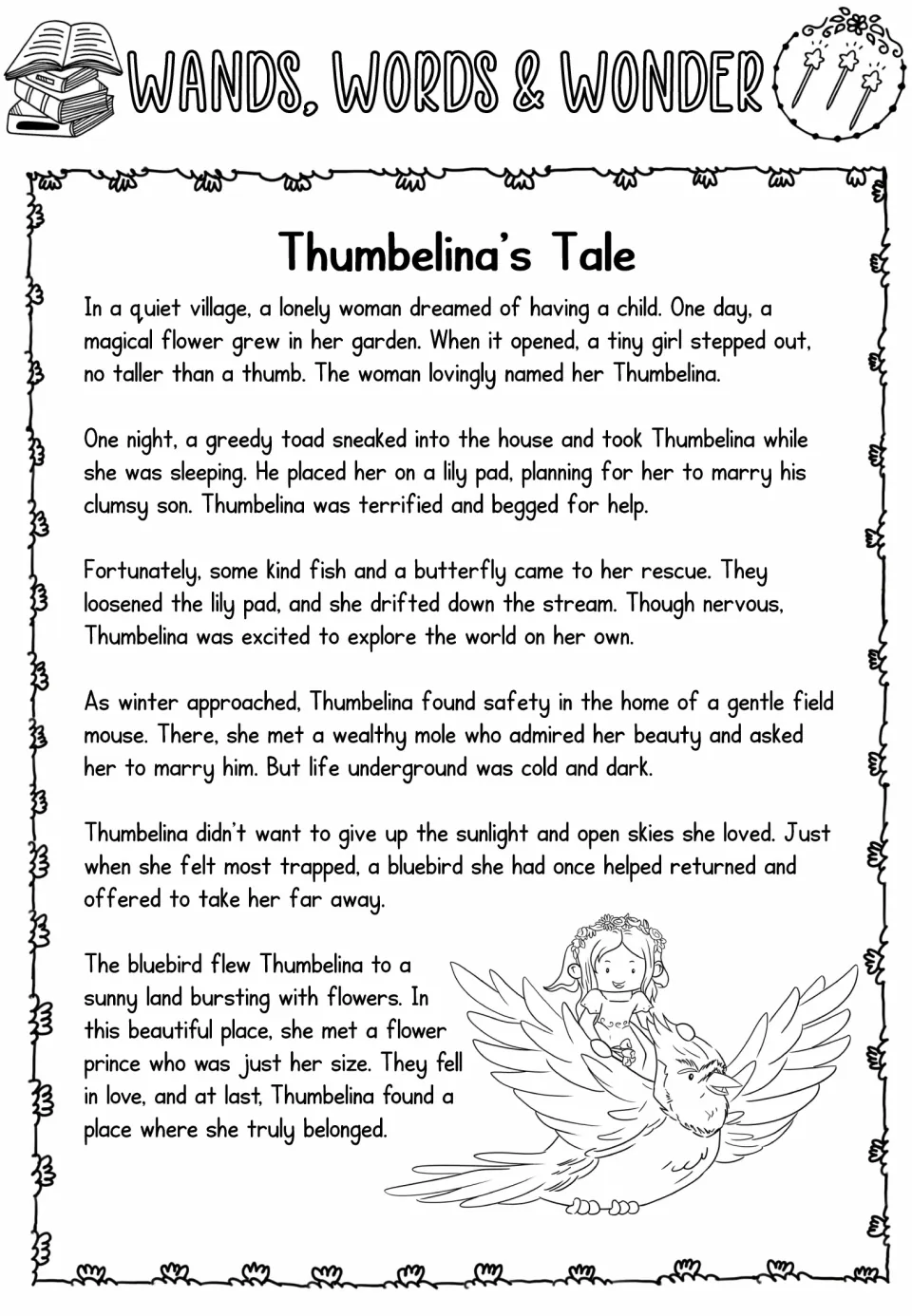 Thumbelina's Tale, third reading passage with three wand icons: students read a longer version with richer vocabulary