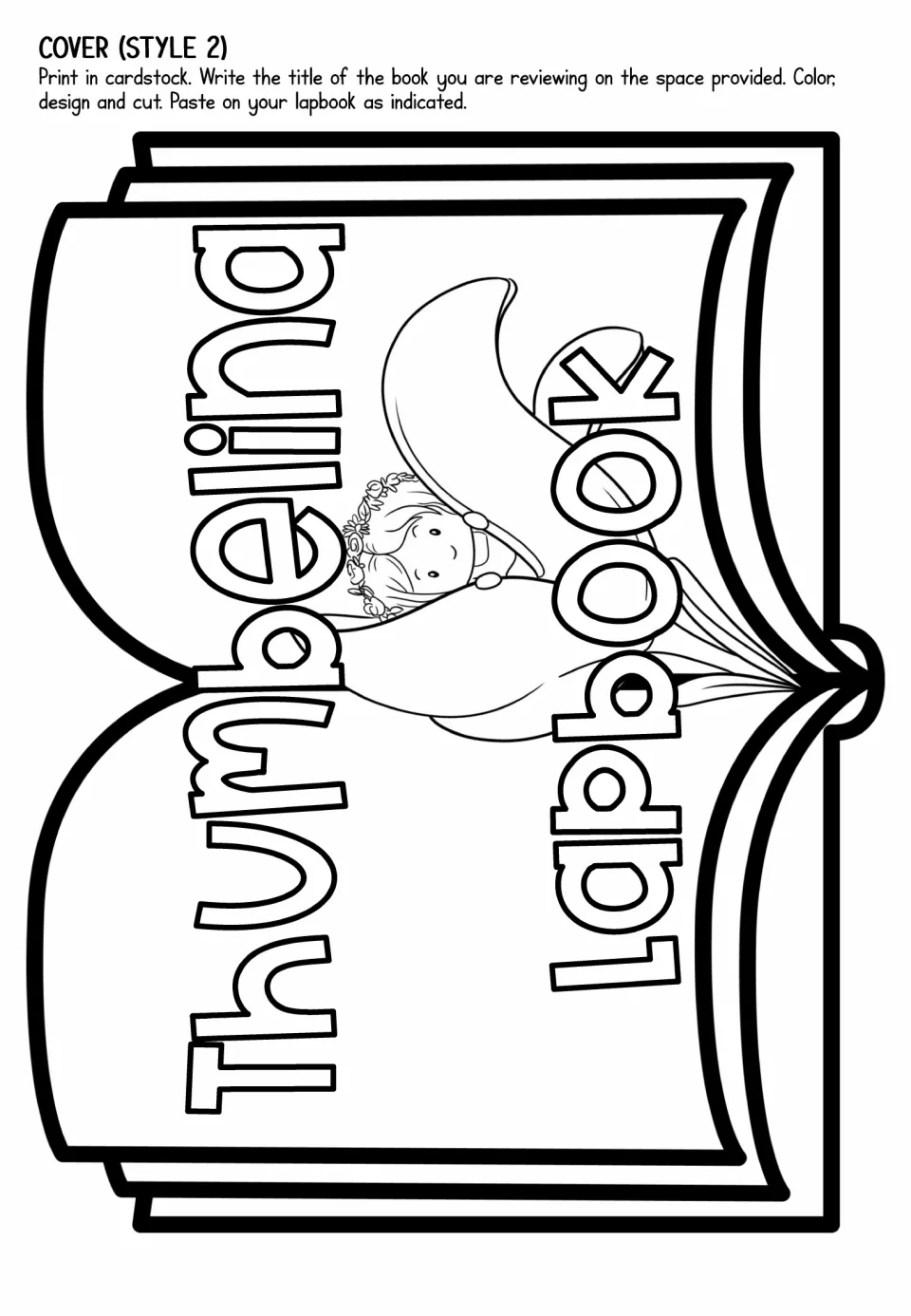 Lapbook cover style 2 to color and cut out: an open book with sideways title lettering and a girl in a flower