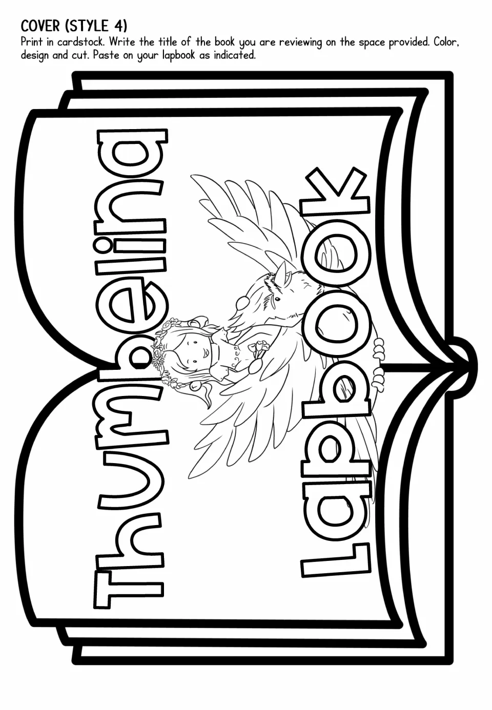 Lapbook cover style 4 to color and cut out: an open book with sideways title and the girl riding a bluebird