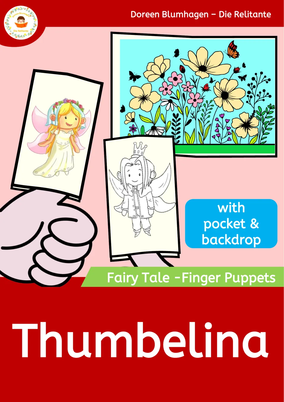 Thumbelina finger puppet resource cover showing color and black-and-white puppets and a flower backdrop
