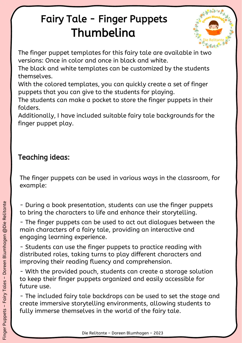 Teacher guidance for finger puppets: color options, storage pockets, backdrops, and classroom storytelling