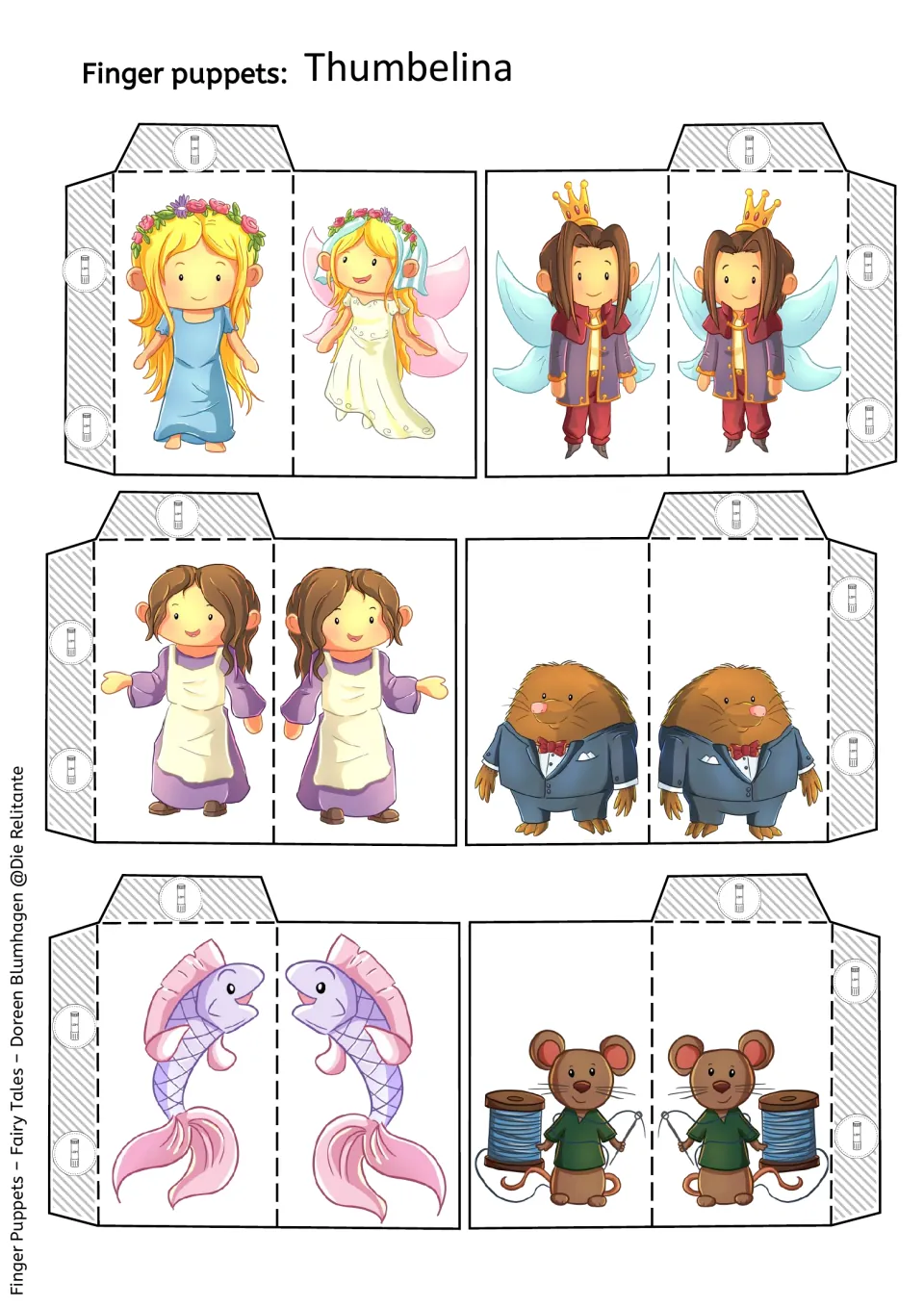 First color puppet sheet: six templates showing the story's heroine, fairy prince, woman, mole, fish, and mouse
