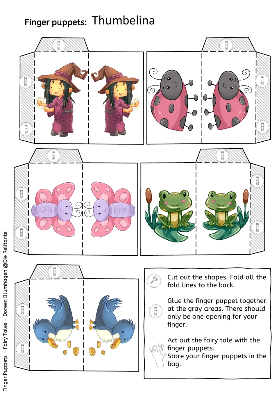 Second color puppet sheet: witch, ladybug, butterfly, frog, and bird templates with assembly instructions