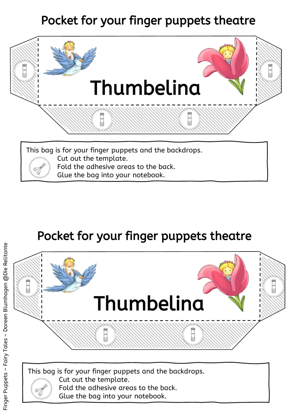 Two matching storage pocket templates for the finger puppets and backdrops, with cut, fold, and glue directions