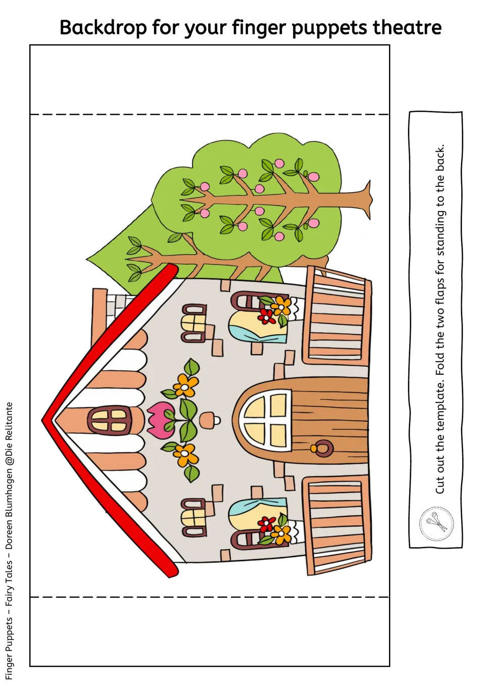 House and trees backdrop for the finger puppet theater, with instructions to cut it out and fold back two flaps
