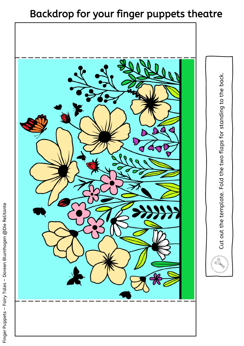 Flowers and butterflies backdrop for finger puppet theater, with directions to cut and fold standing flaps