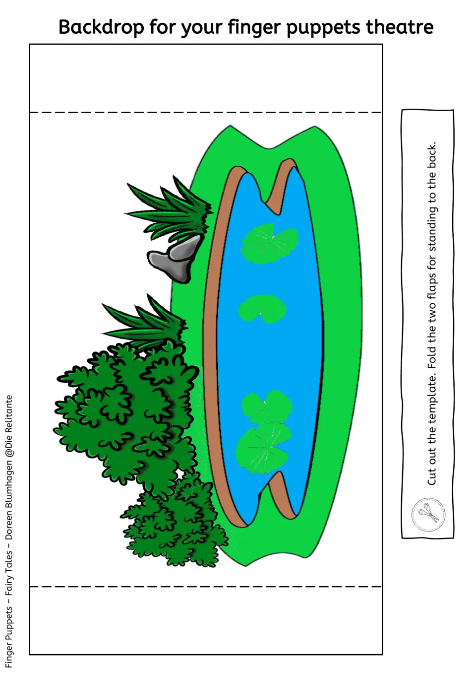 Pond and lily pads backdrop for finger puppet theater, with directions to cut out and fold back two flaps