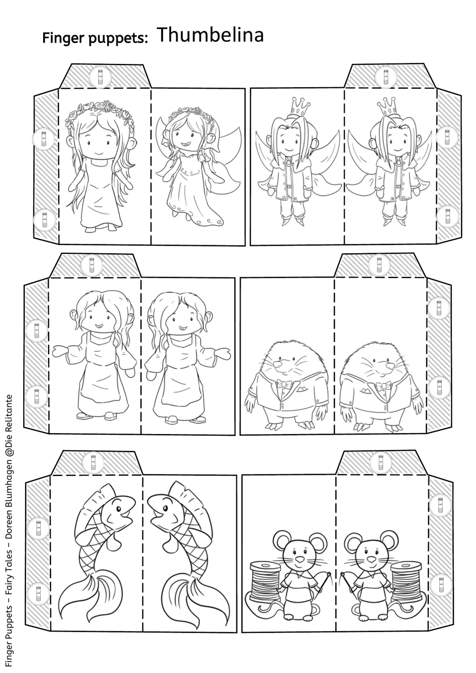 Black-and-white puppet sheet repeats six templates: the heroine, fairy prince, woman, mole, fish, and mouse