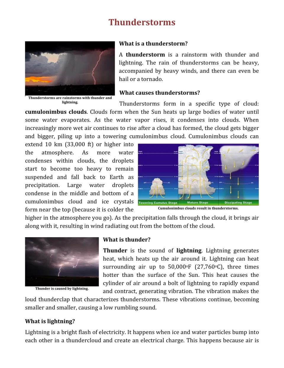 Reading passage opening: thunderstorm formation, cumulonimbus clouds, thunder, and an introduction to lightning