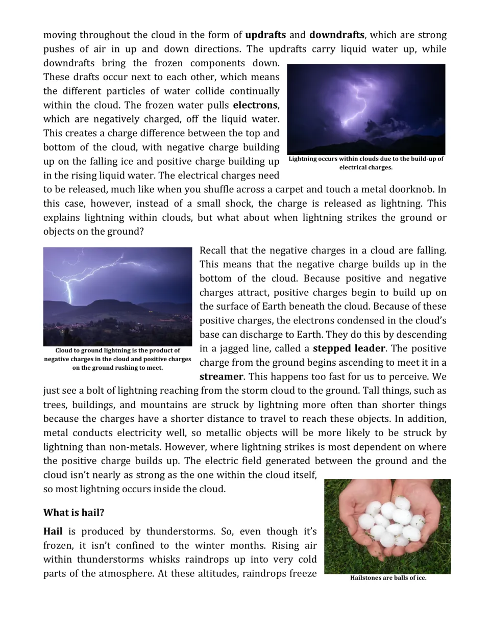 Reading passage part 2: electrical charges, lightning within clouds and to the ground, and hail formation