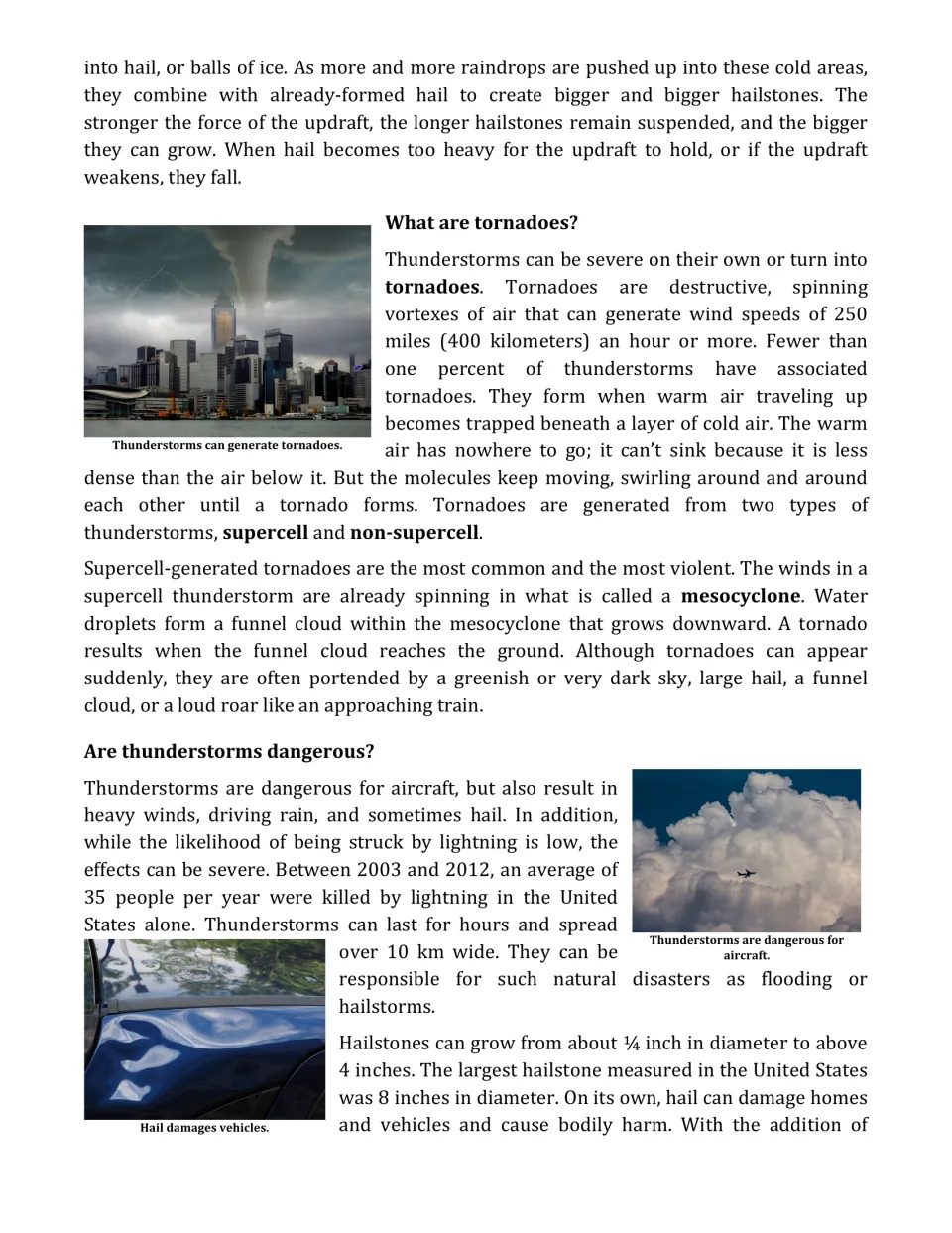 Reading passage part 3: hailstone growth, tornado formation, supercells, and the dangers of thunderstorms
