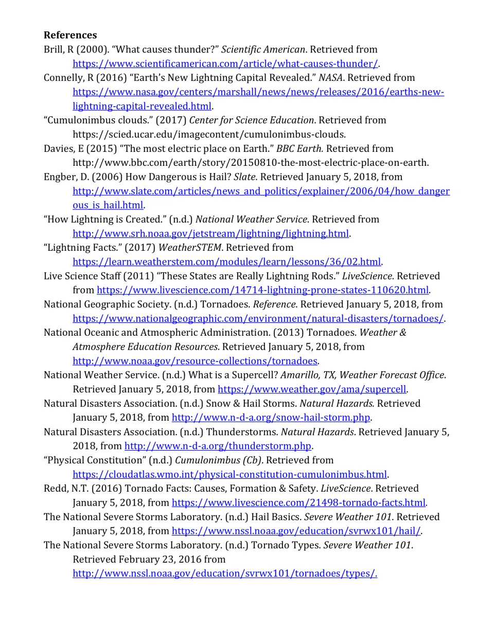 Article references: sources on thunder, lightning, cumulonimbus clouds, hail, tornadoes, and storm hazards