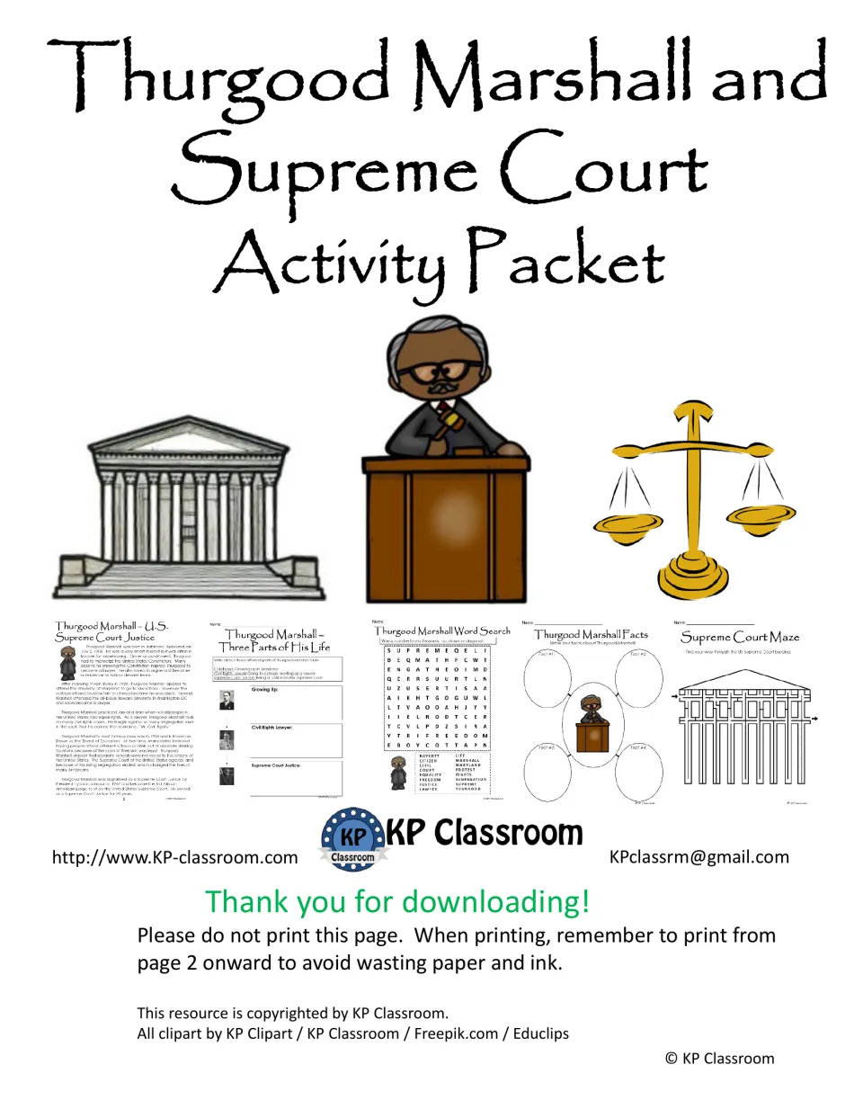 Cover of the Thurgood Marshall and Supreme Court activity packet, with activity previews and printing directions