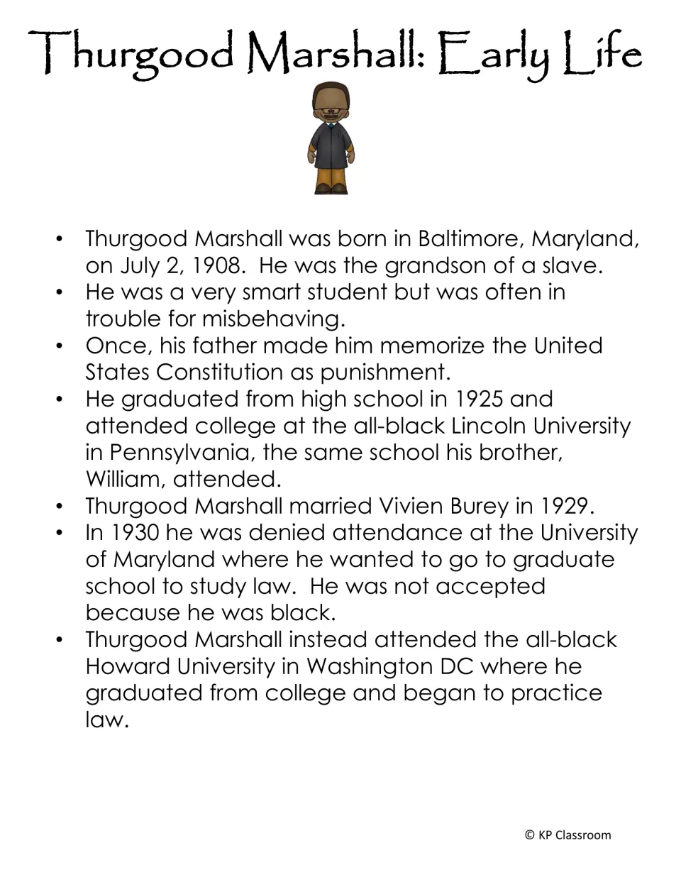 Early life fact sheet covering Thurgood Marshall's birth, school behavior, marriage, and legal education