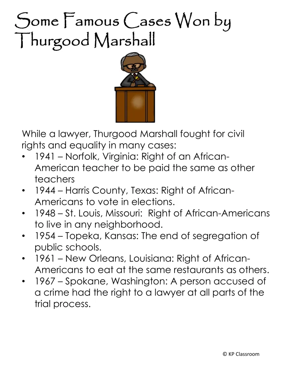 Civil rights case fact sheet listing six Thurgood Marshall victories involving pay, voting, schools, and more