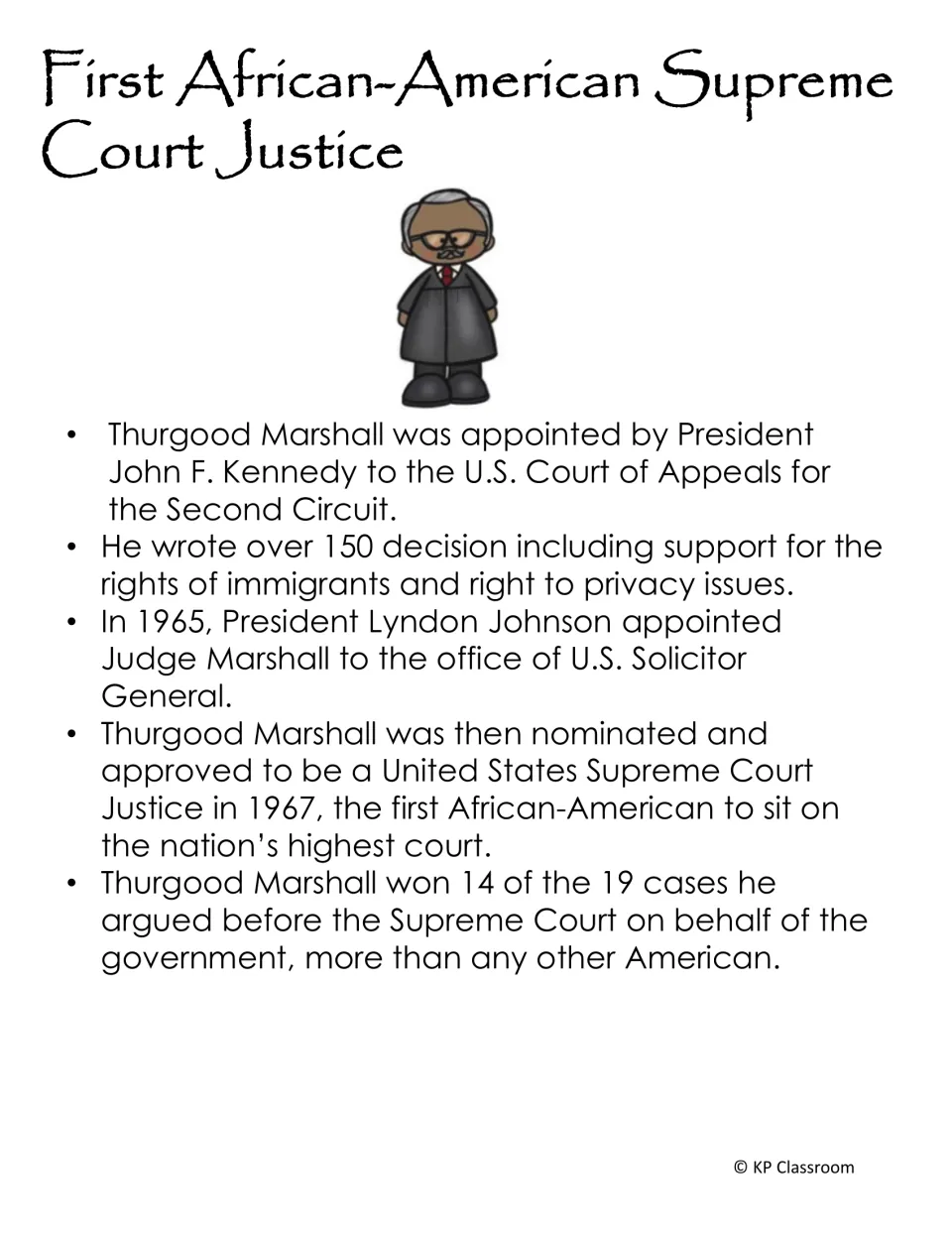 Career fact sheet tracing Thurgood Marshall's federal appointments and his 1967 Supreme Court confirmation