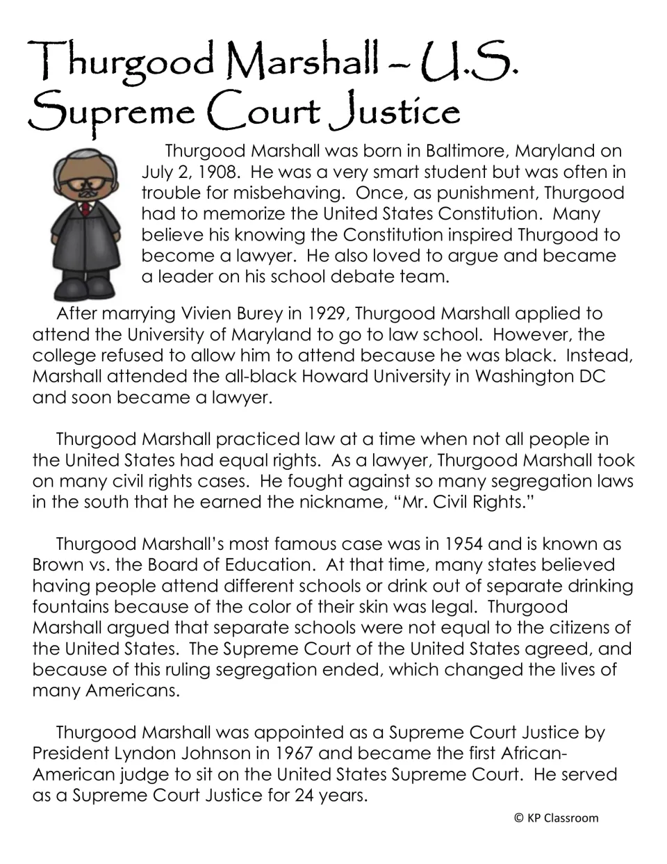 Biography passage covering Marshall's childhood, law studies, civil rights work, and Supreme Court service
