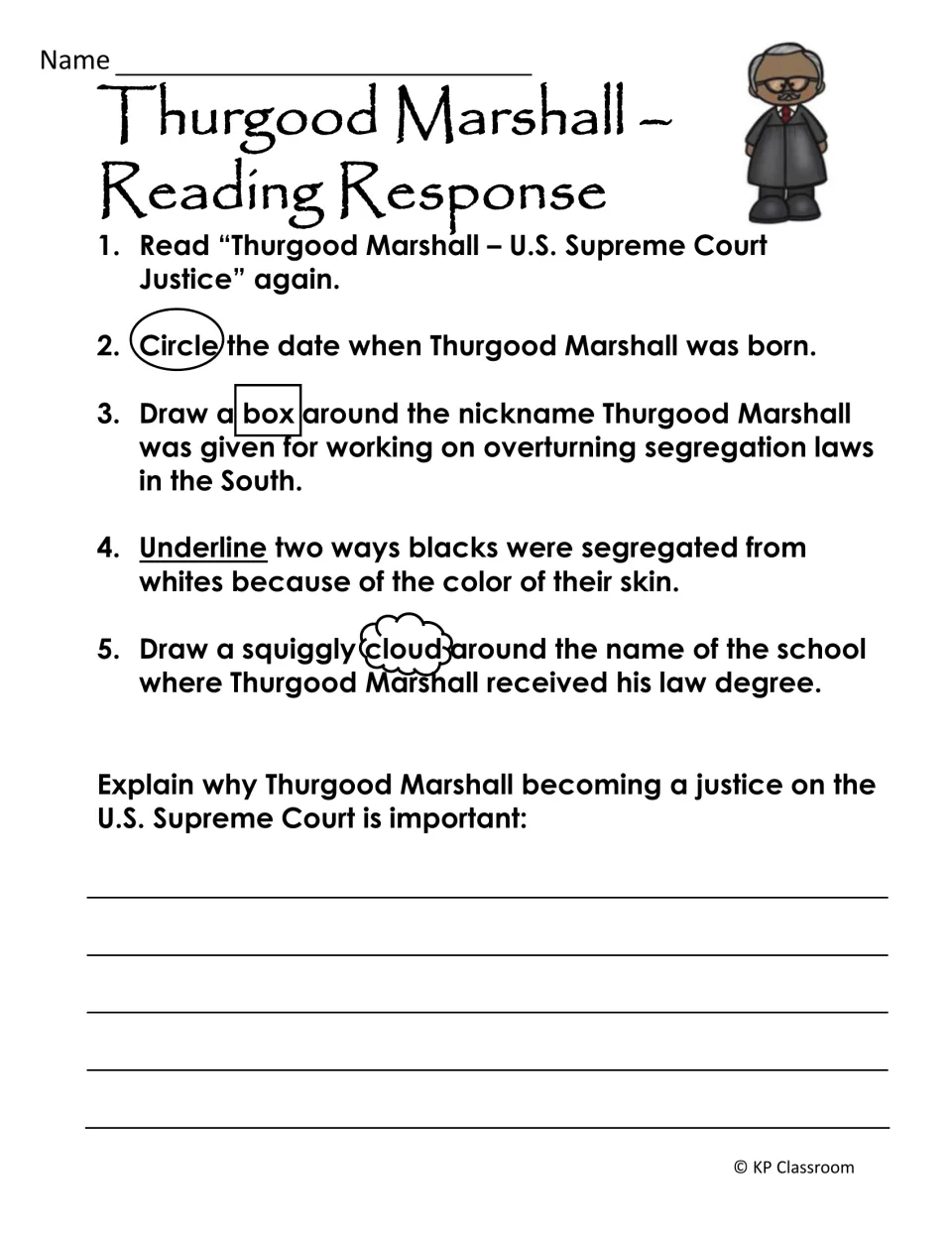 Reading response directs students to mark biography details and explain why Marshall's appointment mattered
