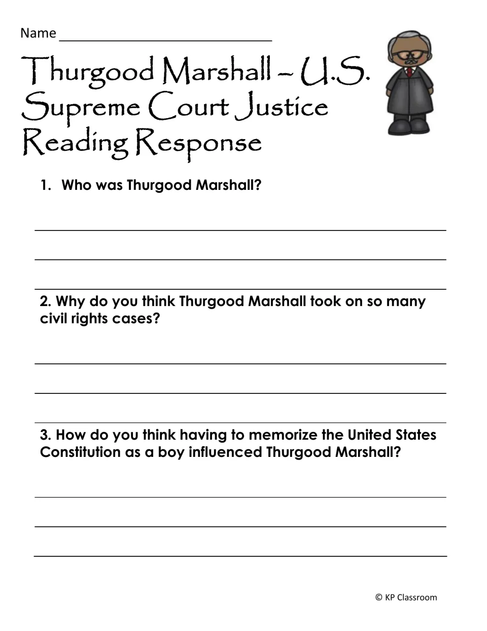 Biography response asks who Marshall was, why he took civil rights cases, and how the Constitution shaped him
