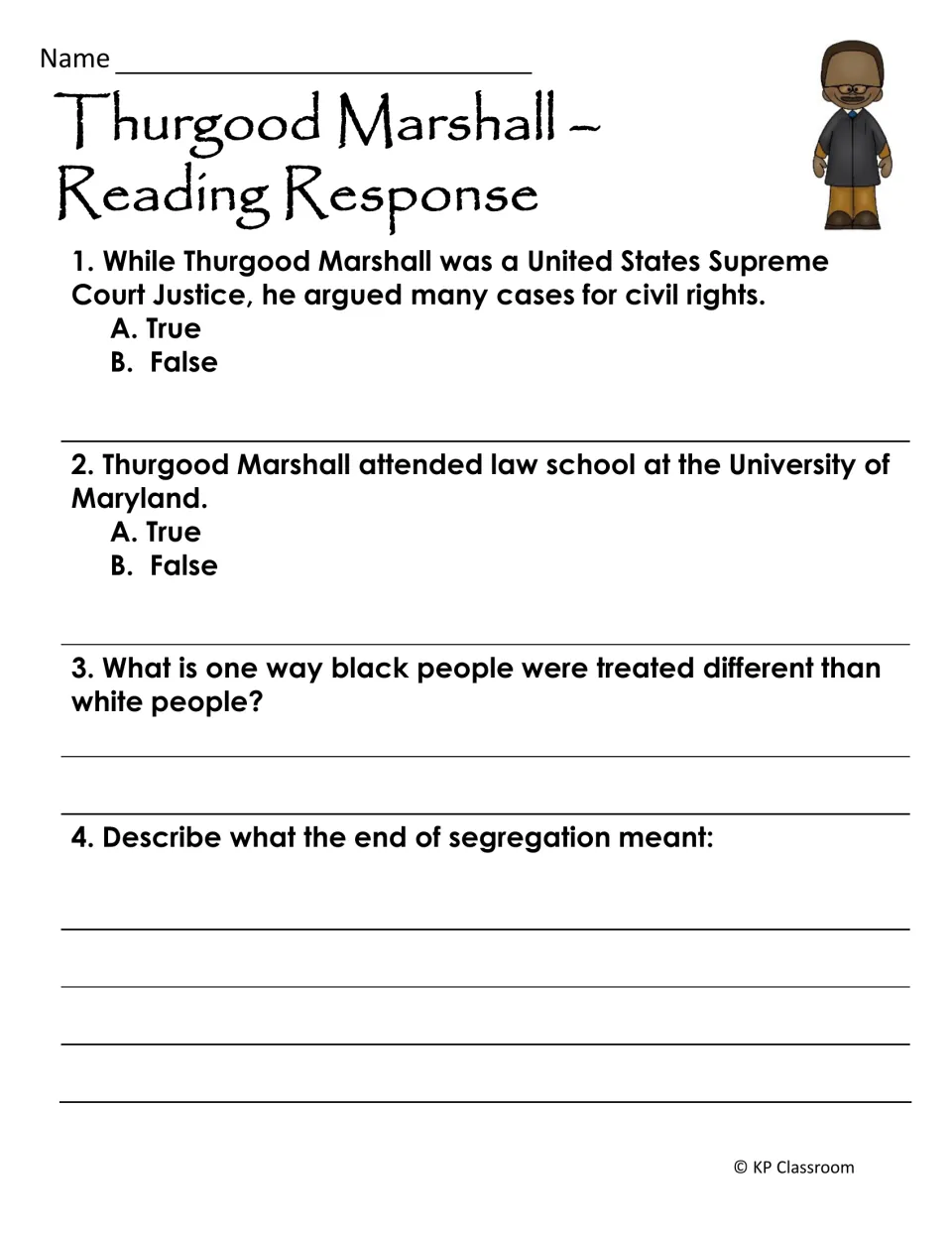 Justice passage response includes two true-or-false items and two written questions about segregation