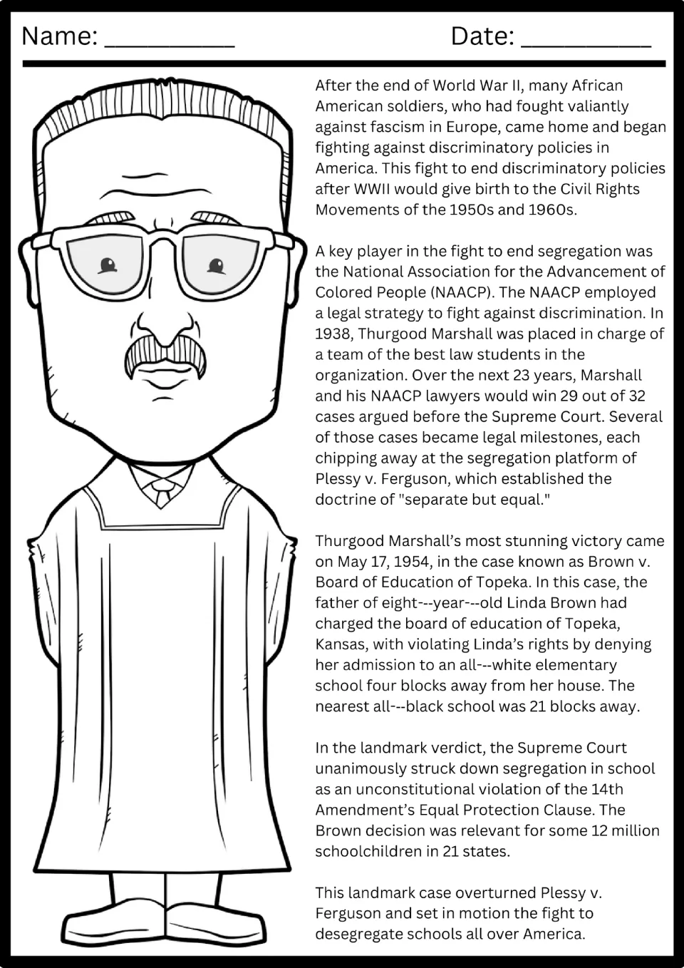 Reading passage on Thurgood Marshall, the NAACP, and Brown v. Board of Education ending school segregation.